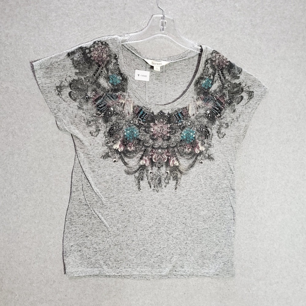 Decree Women Top M Gray Shirt Linen Blend Floral Rhinestones Short Sleeve READ